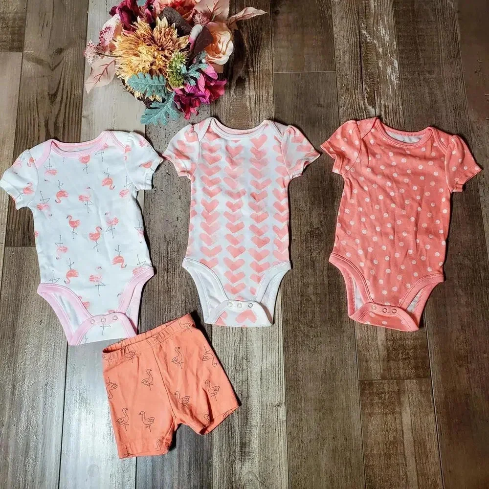 Cloud Island Baby Girl 4 Piece Flamingo Coral Pink Set Size 3-6M NWOT